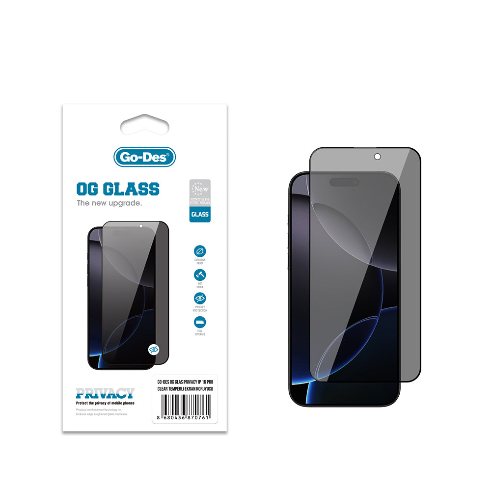 Go Des OG Glass iPhone 16 Pro Privacy Antistatik Temperli Cam Ekran Koruyucu Go Des OG Glass iPhone 16 Pro Privacy Antistatik Temperli Cam Ekran Koruyucu